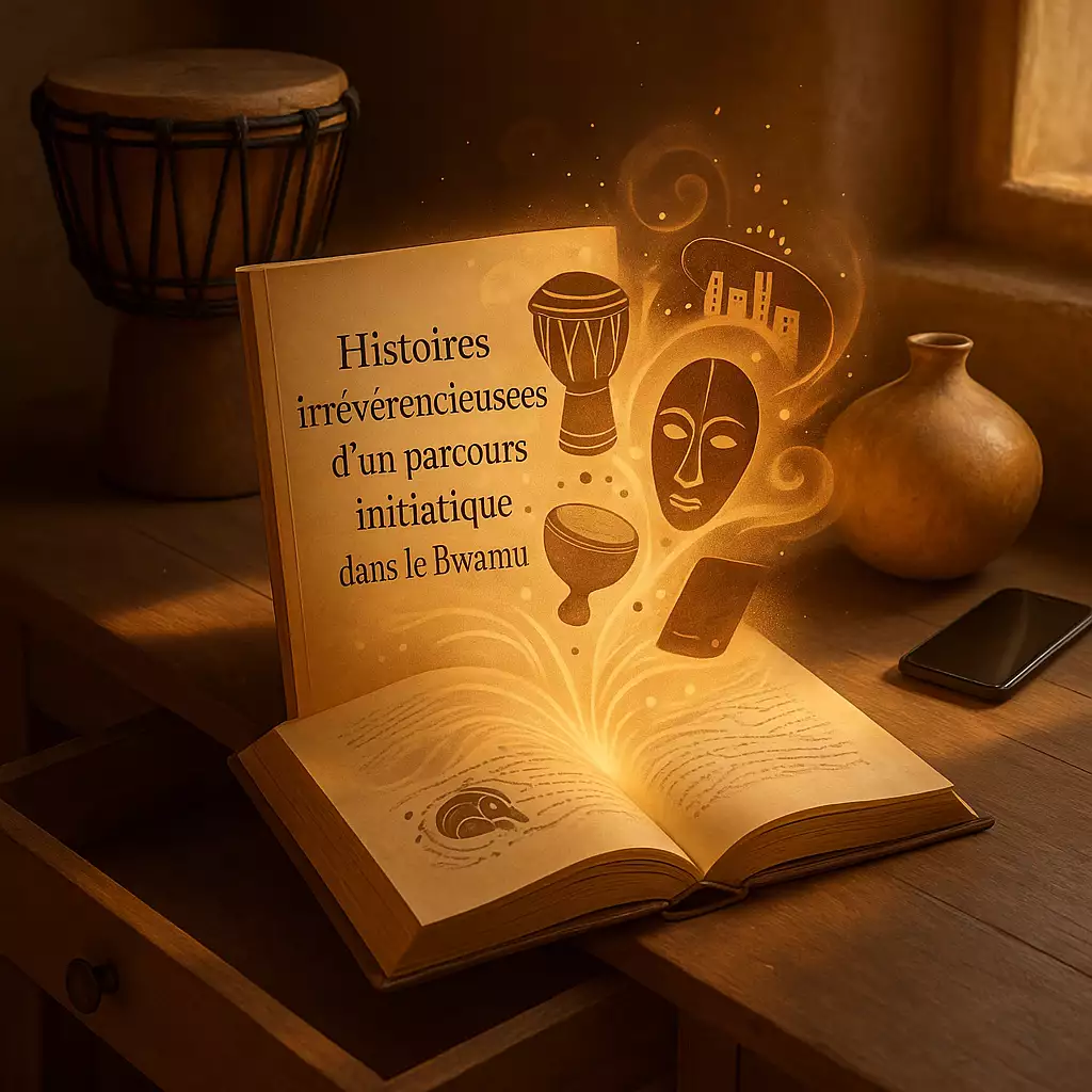 Livre ouvert intitulé “Histoires irrévérencieuses d’un parcours initiatique dans le Bwamu” sur un bureau en bois, pages animées d’icônes de tambour, masque, calebasse et smartphone, baignées d’une lumière dorée.