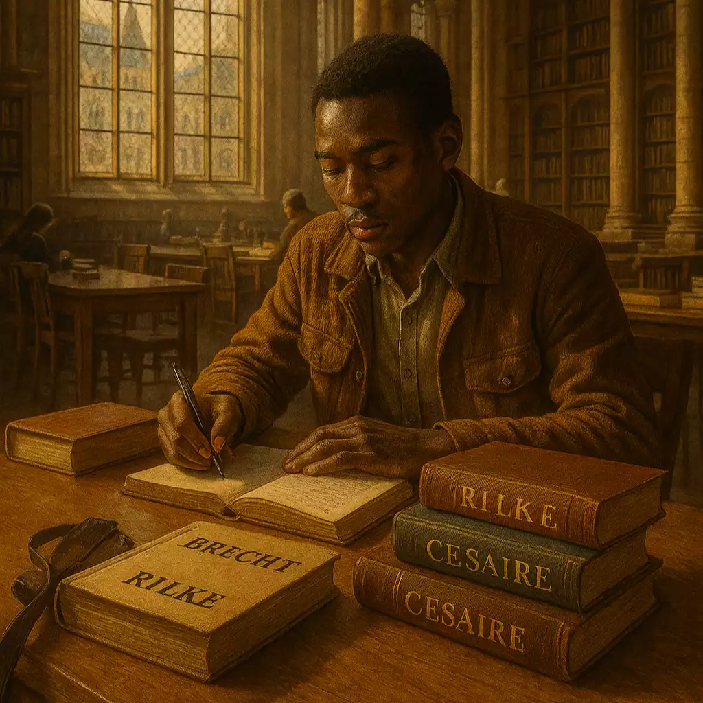 Jeune étudiant burkinabé plongé dans ses lectures de Brecht, Rilke et Césaire à la bibliothèque gothique de l’Université de Poitiers, sous la lumière dorée traversant les vitraux.